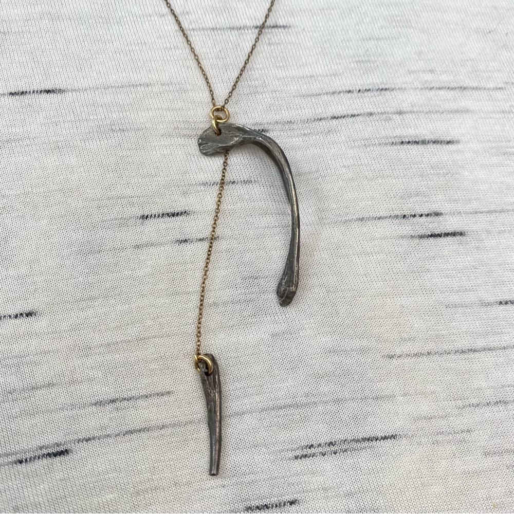 NWOT Asymmetrical Wishbone Lariat Gold Plated & Pewter Artisan Necklace - Picture 5 of 8